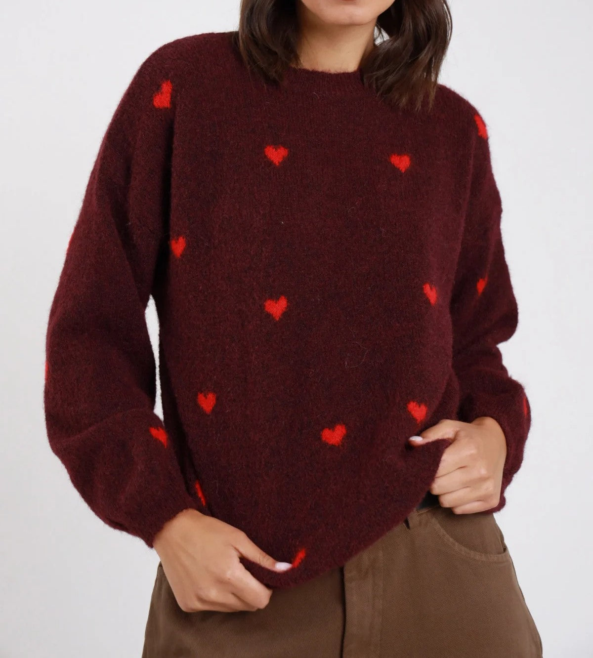 SUSY MIX Susy Mix Maglia Girocollo con Cuori sul Fronte Prugna Prugna