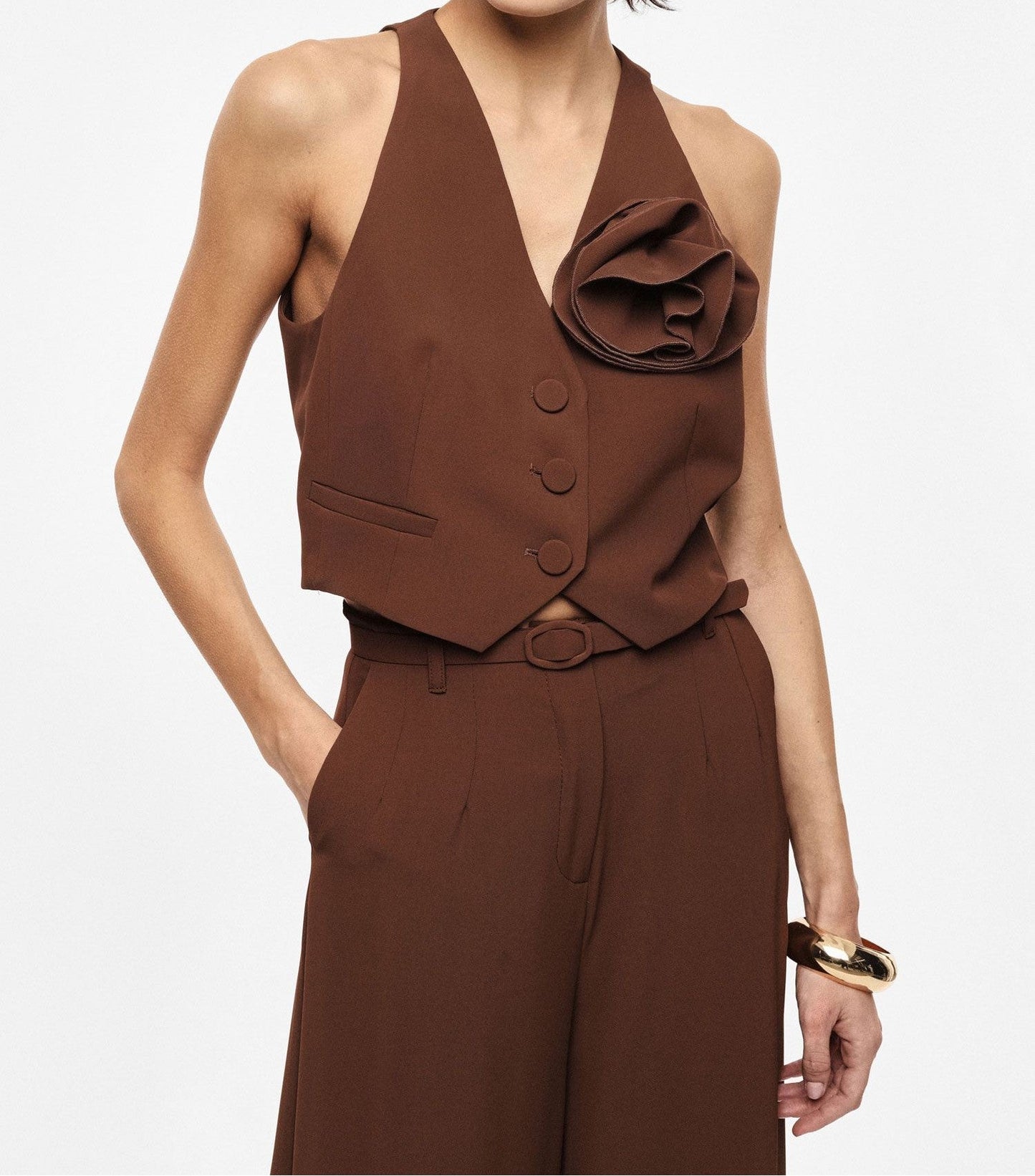Imperial Gilet Monopetto con Fiore Applicato Cacao - Dolcevita Store Montesilvano