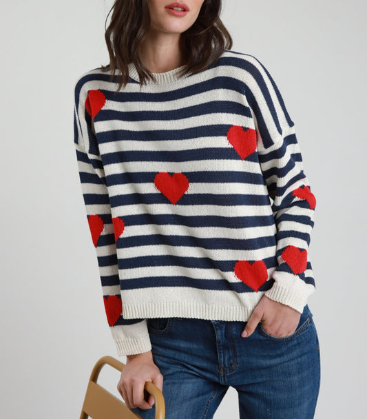 Susy Mix Maglia Righe Cuori Blu