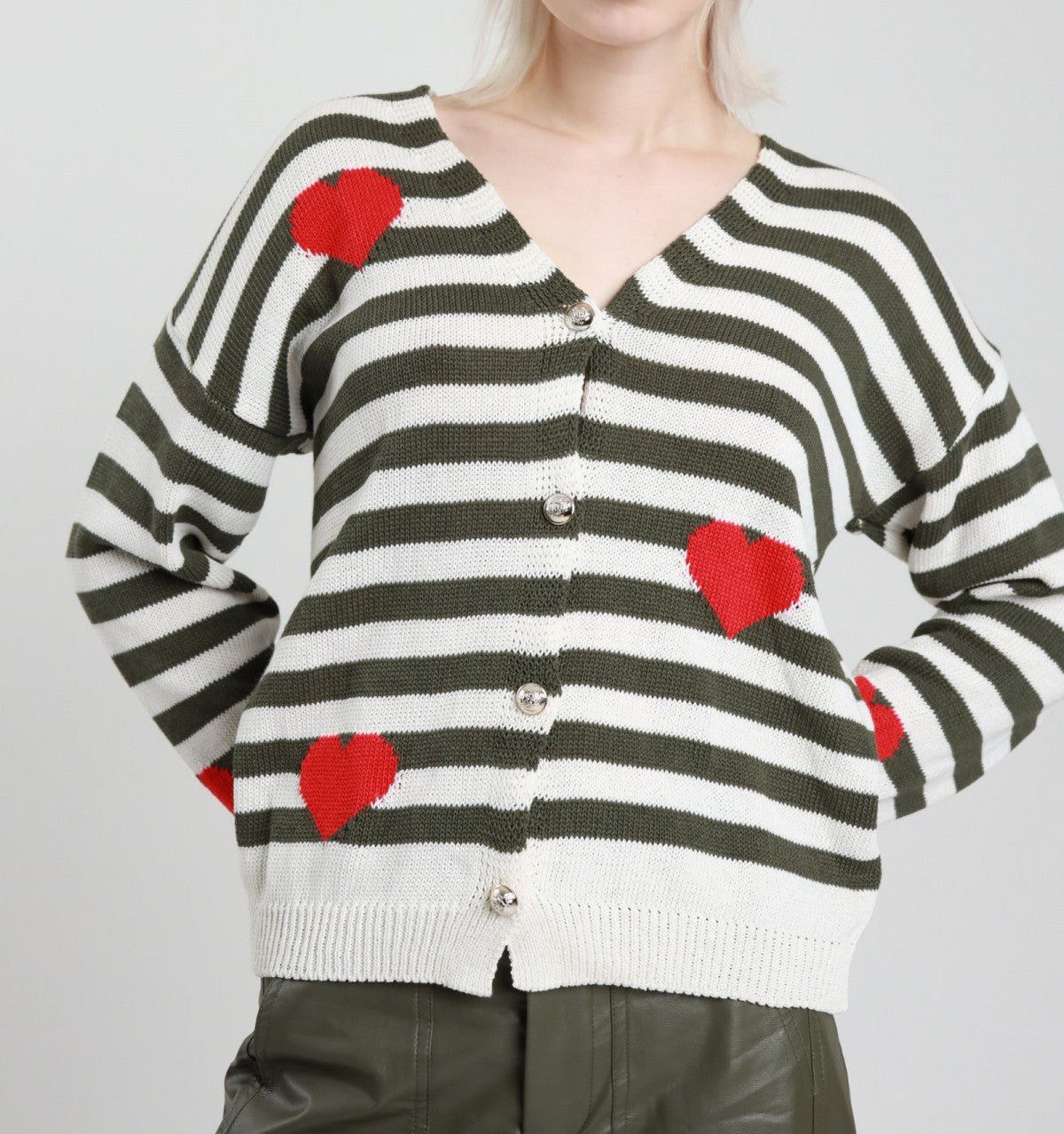 Susy Mix Cadigan Righe e Cuori Militare - Dolcevita Store Montesilvano