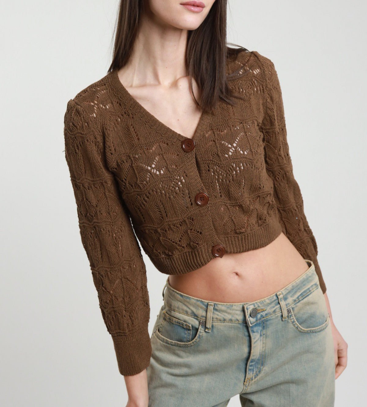 Susy Mix Cardigan Traforato Crop Cacao - Dolcevita Store Montesilvano