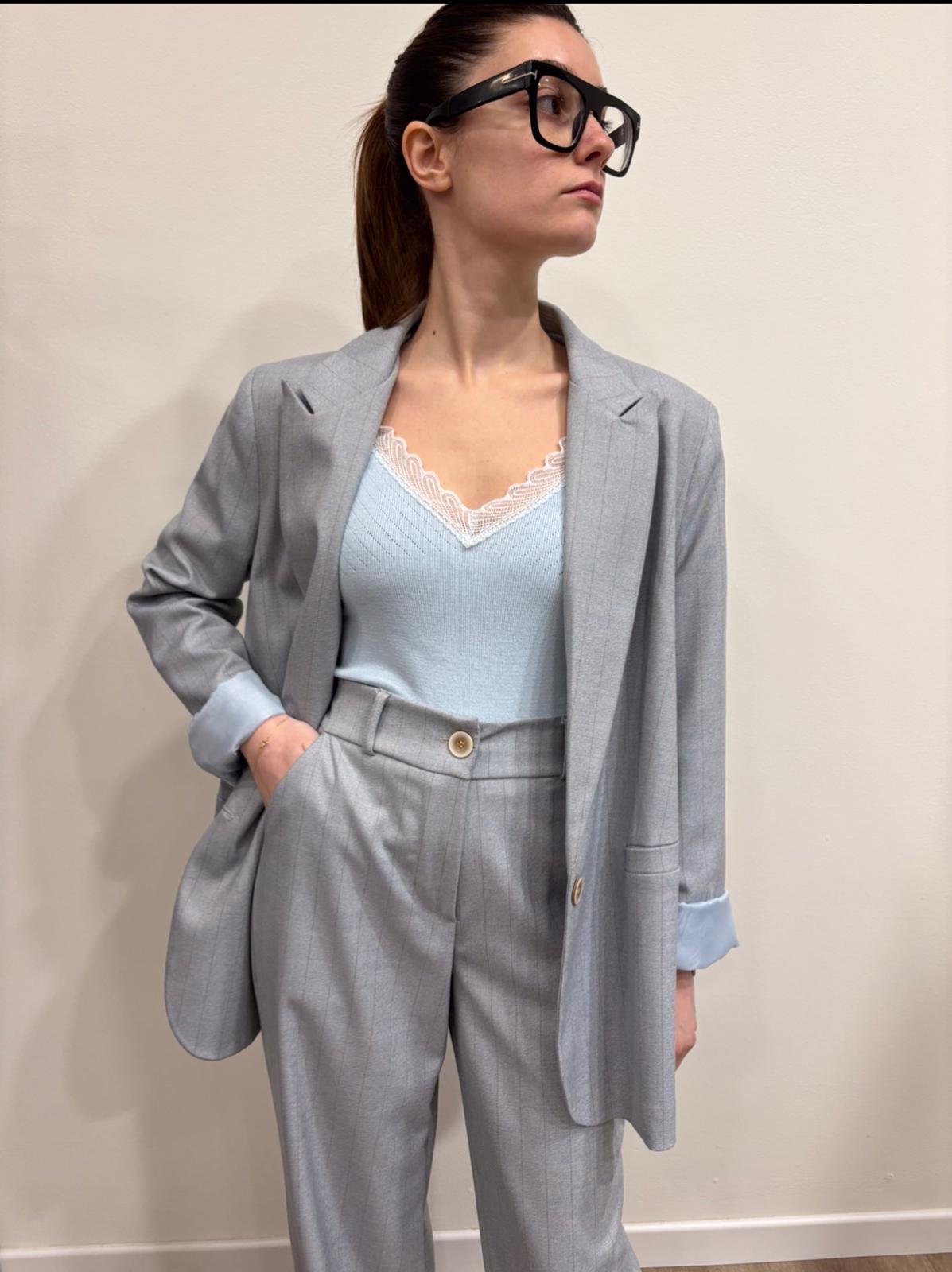 Susy Mix Giacca Gessata Celeste - Dolcevita Store Montesilvano